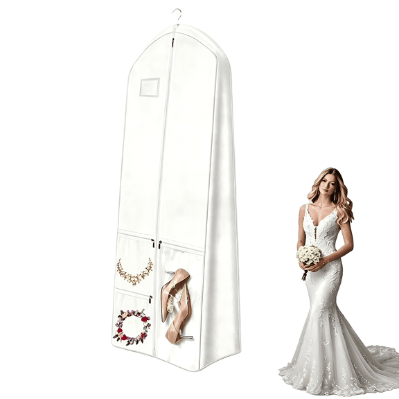 Long Wedding Dress Garment Bag, 72-Inch Gown Cover with 10" Gusset, 4-Pocket Design for Women's Formal Wear, White