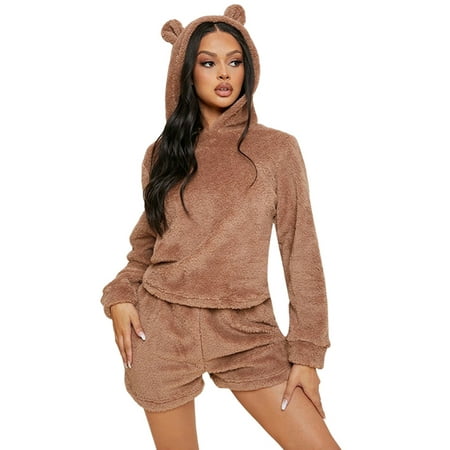 

Thaisu Women Winter Flannel Pajamas Solid Color Long Sleeve Hoodie and Elastic Shorts Loungewear Soft Sleepwear for Nightwear