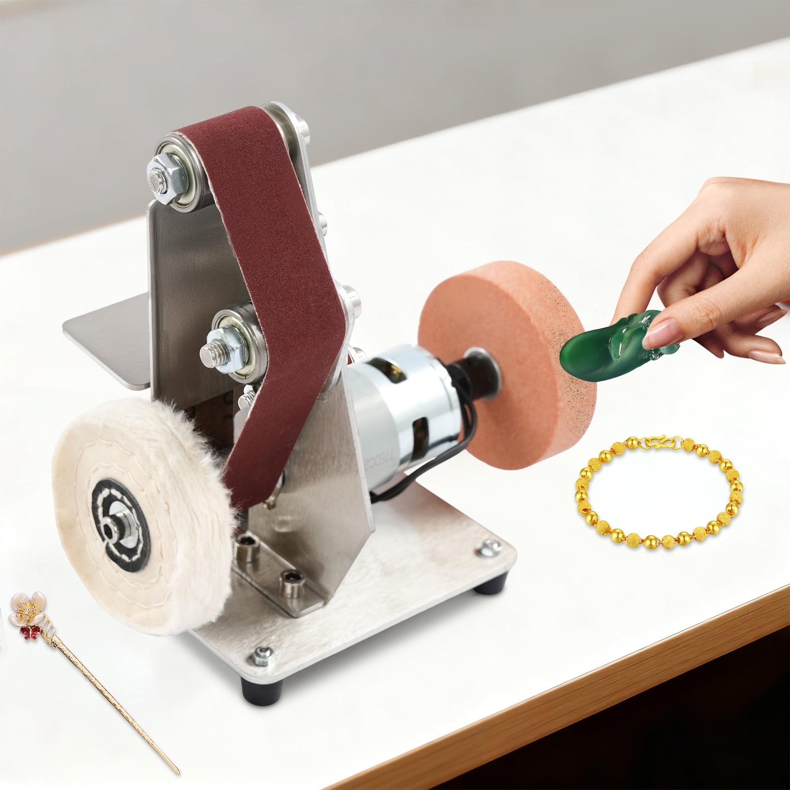 Electric Bench Grinder, All-Copper Motor with Forward/Reverse Switch, Includes 20 Belts and Wheels, Perfect for Metal Grinding and Knife Making