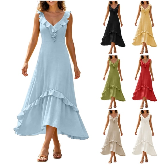 Women's Deep V Spaghetti Strap Midi Dress, Solid Ruffle Irregular Hanky Hem Flowy Sleeveless Long Dress Light Blue XL(XL)
