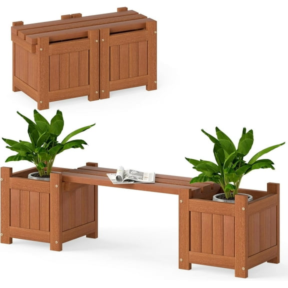 Stylish Wood Outdoor Bench with 2 Planter Boxes for Garden Seating and Storage