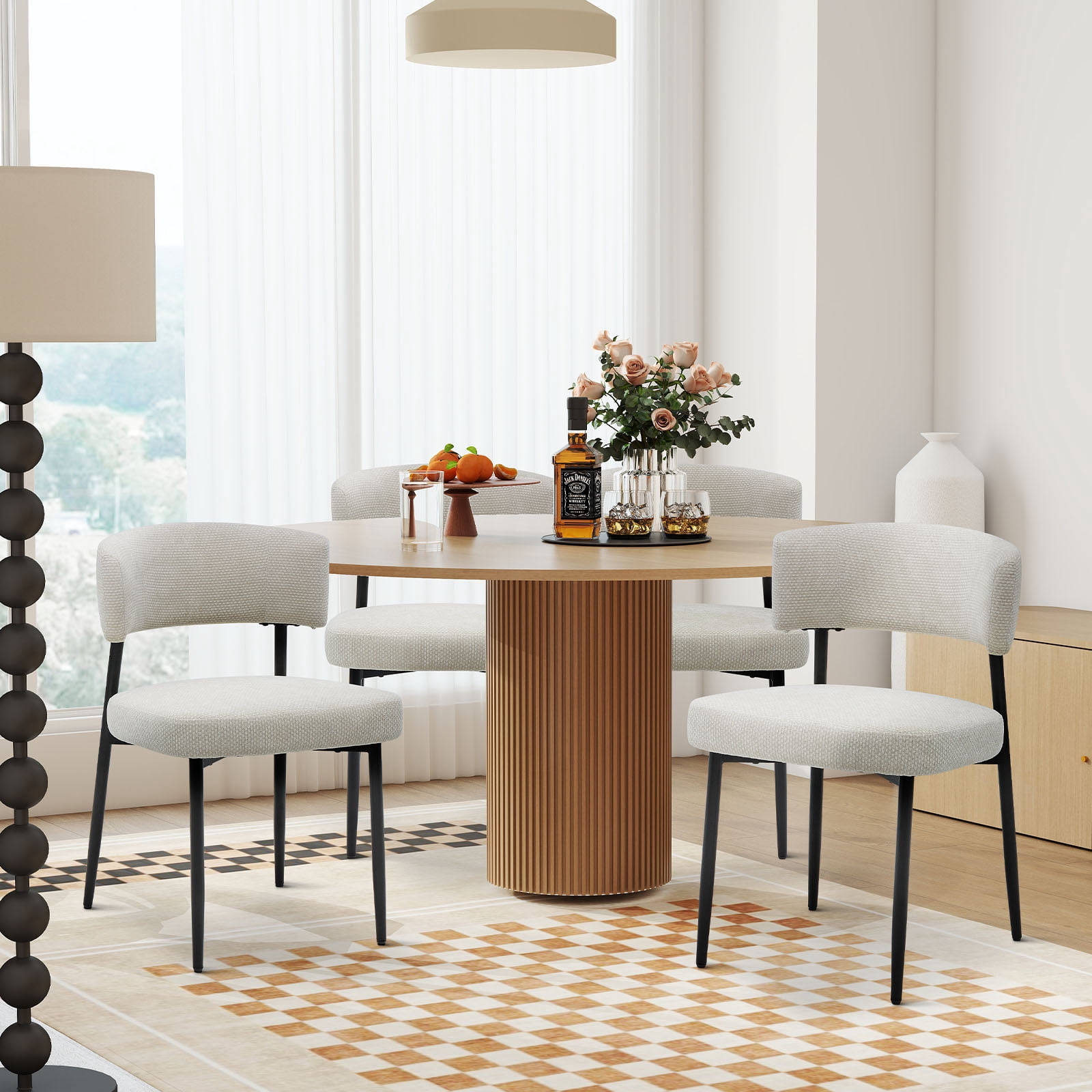EDX Dining Chairs Set of 4, Mid Century Modern Chair Round Upholstered Curved Backrest, Kitchen Vanity Living Room Chairs with Black Metal Legs, Beige