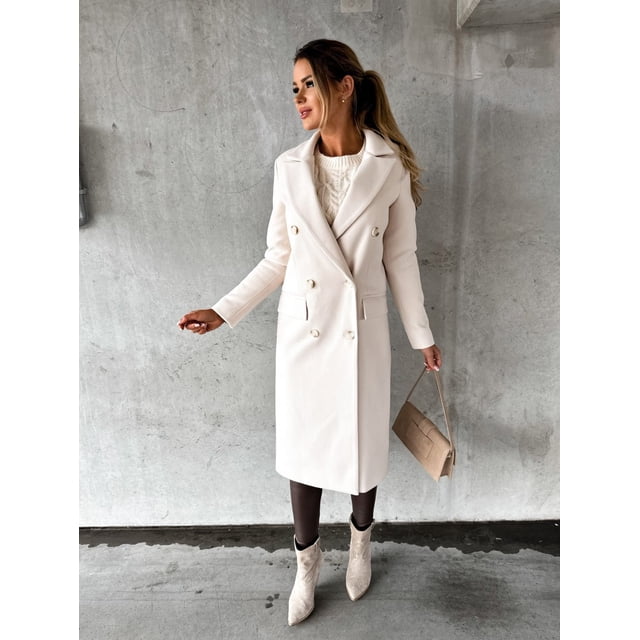 Abrigo de lana cruzado de manga larga sencillo de moda de otoño e invierno para mujer