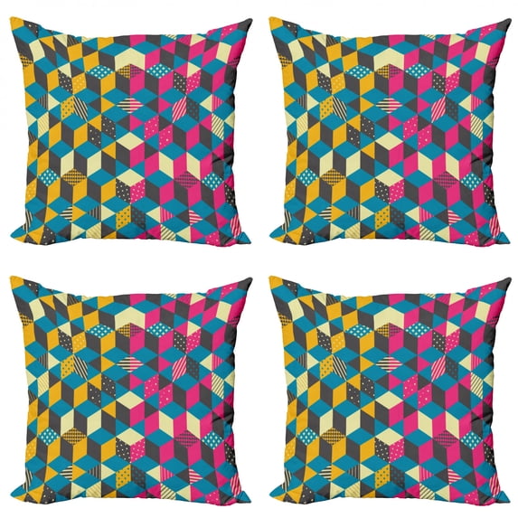 Geometric Throw Pillow Cushion Case Pack of 4, Composition of Colorful Structure Blocks with Polka Dots and Stripes, Modern Accent Double-Sided Print, 4 Sizes, Multicolor, by Ambesonne