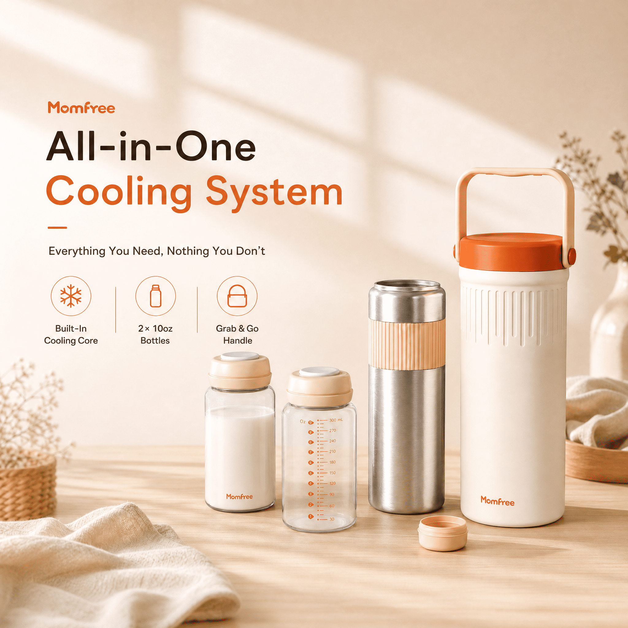 Momfree 22oz Portable Breast Milk Cooler, 24H 360° Continuous Cooling, Stainless Steel Breastmilk Chiller with 2 BPA-Free Bottles for Travel