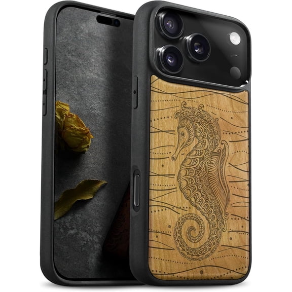 Case for iPhone 17 Pro Max Case, Artisan Printed & Black Soft TPU Shockproof Cover, Tribal Seahorse, Cherry