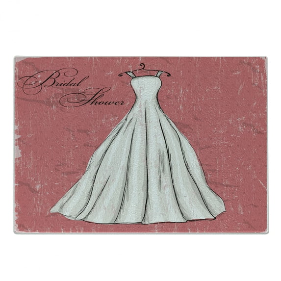 Bridal Shower Cutting Board, Retro Pink Grunge Backdrop Wedding Bride Dress Party Vintage Image, Decorative Tempered Glass Cutting and Serving Board, Small Size, Coral Black and White, by Ambesonne