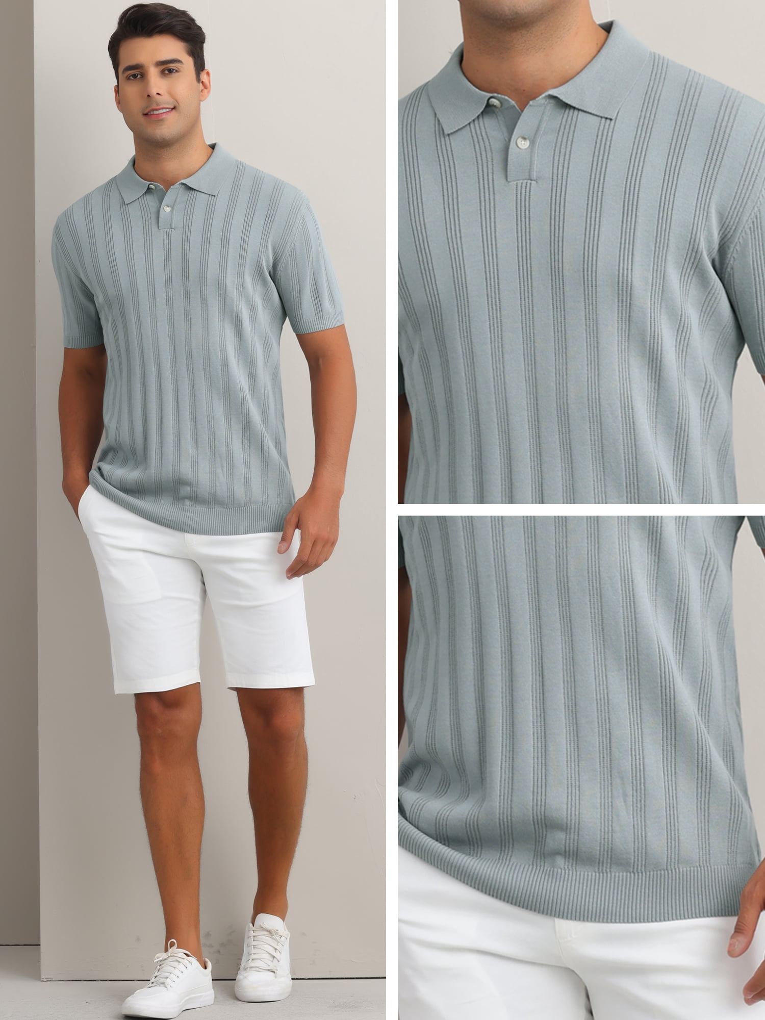 DARING DIVA Men's Short Sleeve Button Regular Fit Knit Texture Polo Shirt S Gray