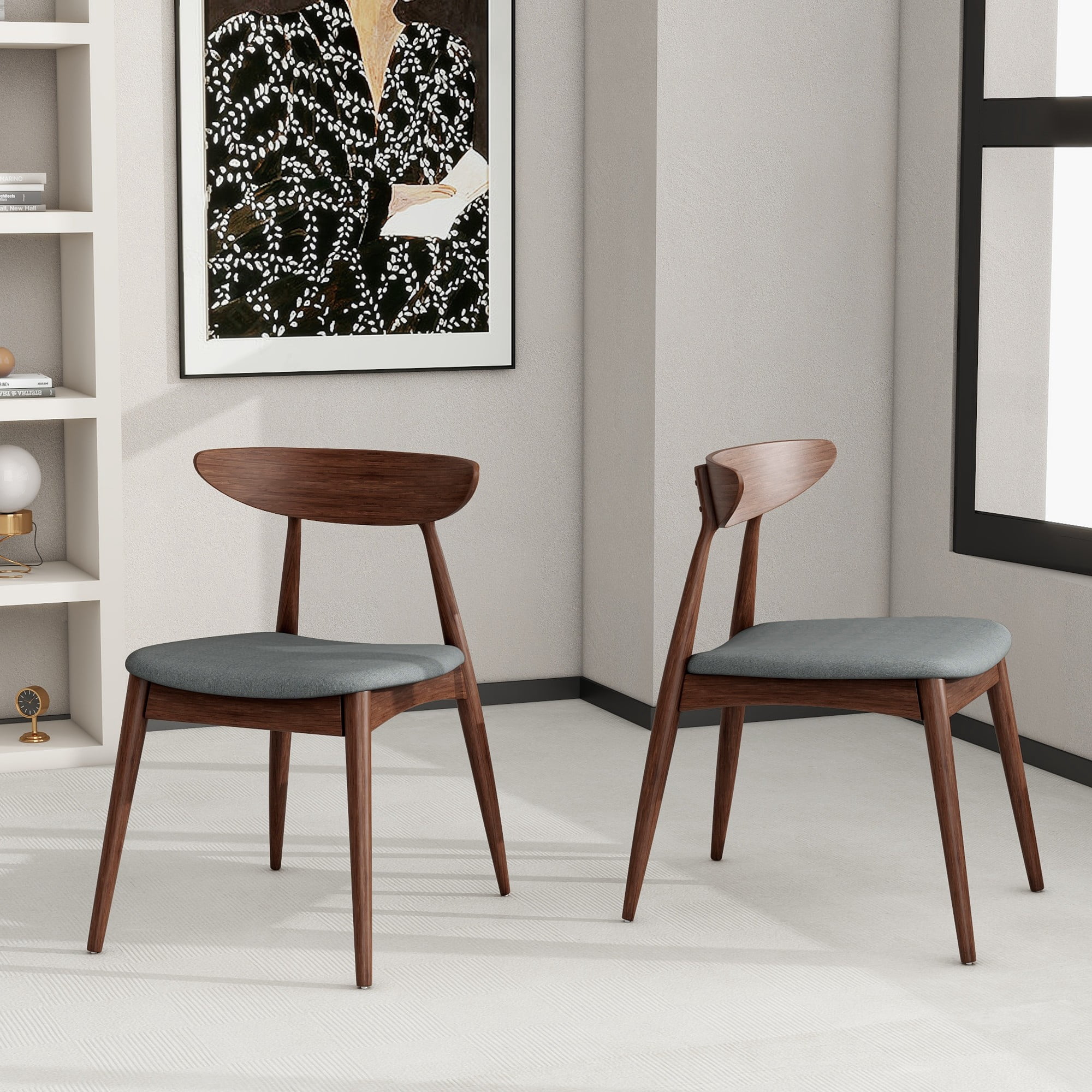 Aukfa Dining Chairs Set of 2, Mid Century Wood Side Chairs with Curved Backrest and Upholstered Seat, Dining Room Chairs for Kitchen, Living Room, Walnut