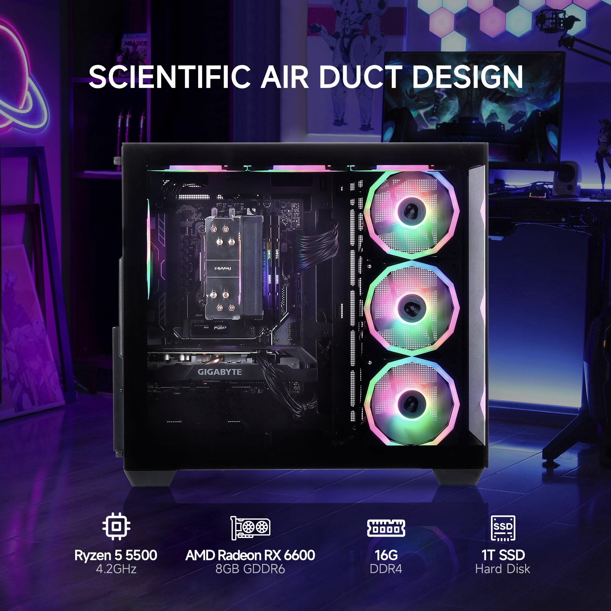 MLOONG PC Gamer Gaming Desktop, AMD Ryzen 5 5500, Radeon RX 6600 8GB, 16GB DDR4, 1TB SSD, Black, WIFI, Windows 11 Home