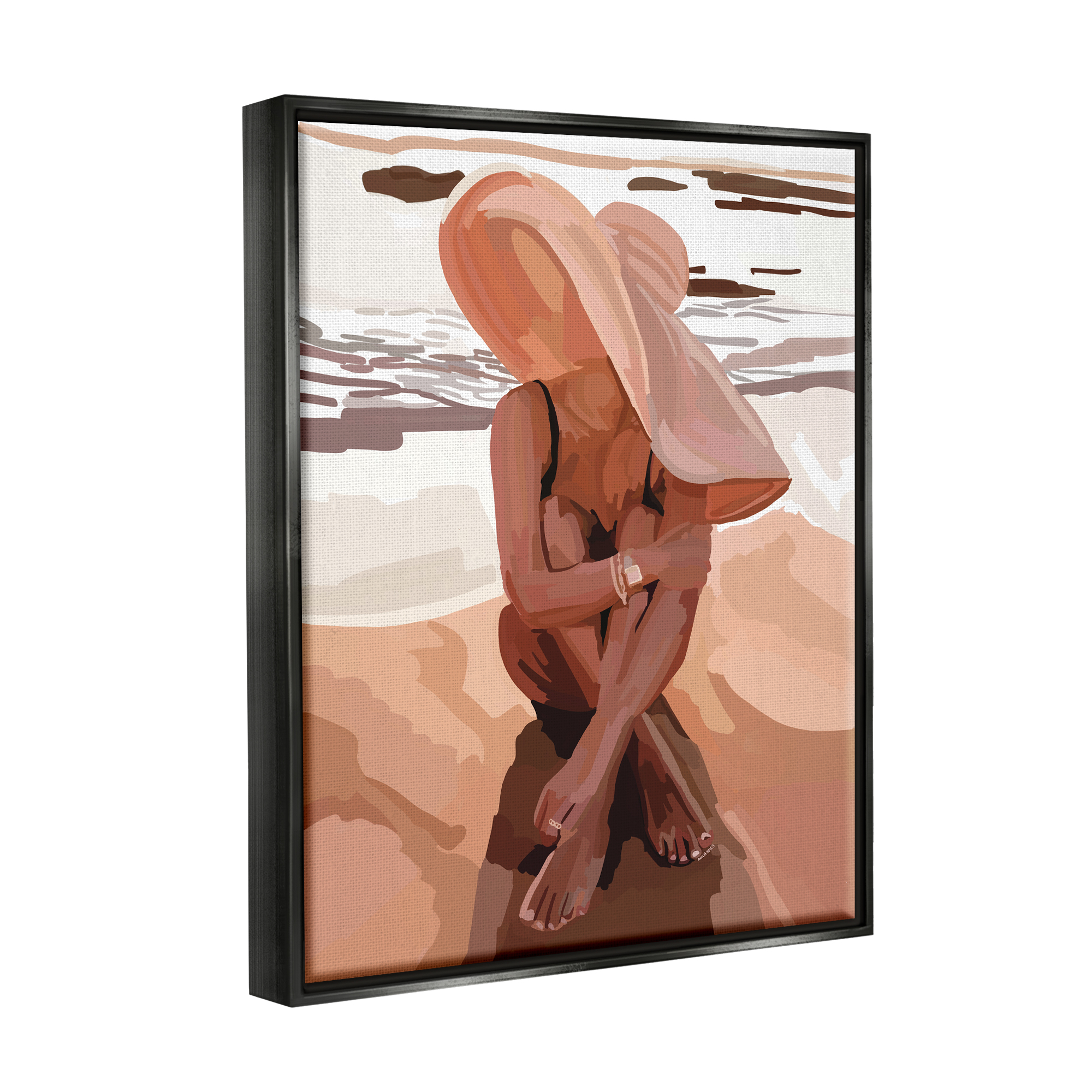 Stupell Industries Woman Sitting Enjoying Ocean Shore Summer Beach Graphic Art Jet Black Floating Framed Canvas Print Wall Art, Design by Amelia Noyes