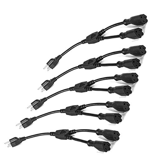 ClearMax Y Splitter Power Cable Extension Cord 3 Prong, Power Cord Splitter 16 AWG, Cable Strip Outlet Extender Saver UL Approved, 1 Foot, 5 Pack Black