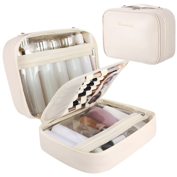 Abaima Women’s Large Capacity Travel Makeup Bag 9.84 inch 3-in-1 Waterproof Toiletry Bag with Brush Holder & Divider White