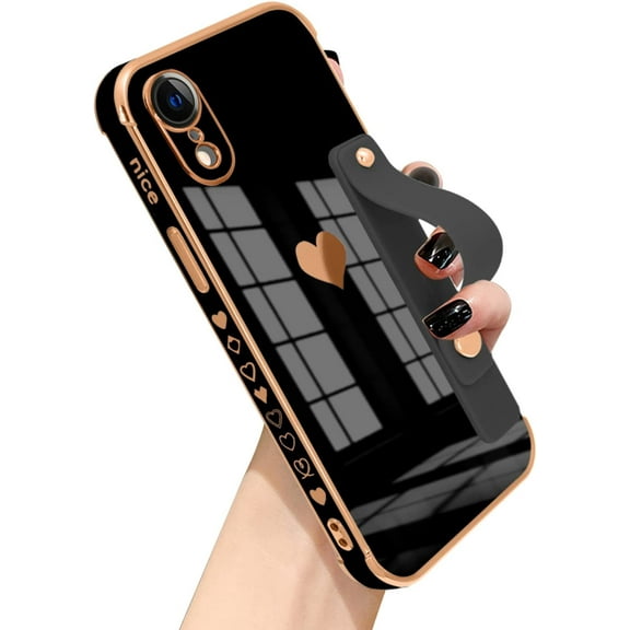 Compatible with iPhone XR Case for Women Girls,TPU Cute Plating Love Heart Pattern Wristband Holder Case Camera Lens Protection Side Small Pattern Shockproof Wrist Strap Case-Black