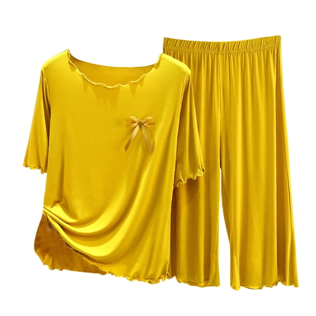 Yuyuzo Ensembles de Pyjama 2 Pcs pour Femmes T-Shirts à Manches Courtes à Col Ras du Cou Pantalons Amples Confortables Ensembles de Pyjamas à Volants Vêtements de Nuit