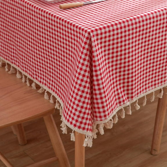 Vintage Gingham Checkered Plaid Tablecloth with Tassel Table Cover Cotton Linen Tablecloths for Dinner Party Indoor or Outdoor Use
