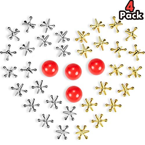 4 Set Jacks Game Toys Kit, Include 40 Pieces Metal Jacks and 4 Pieces