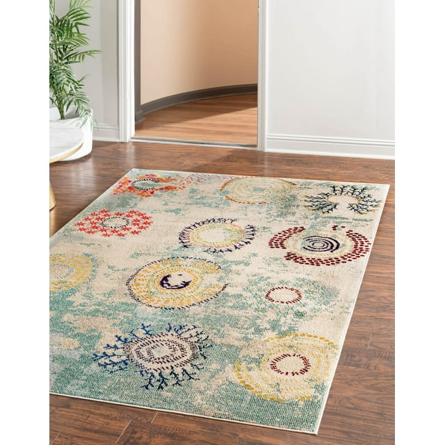 Unique Loom Estrella Collection Modern, Abstract, Colors, Distressed Area Rug, 5 ft x 8 ft, Beige/Light Blue