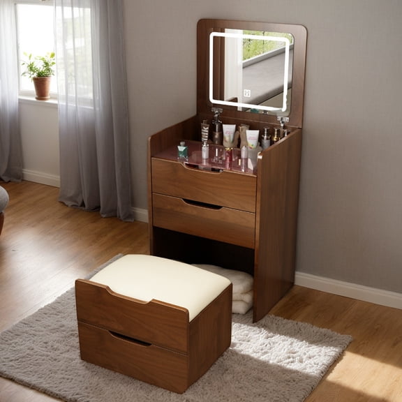 (Walnut) 3 in 1 Vanity Desk with Plip Top Mirror,Small Make Up Vanity Set with Visible Glass Desktop,Compact Makeup Vanity with 3 Drawers,Cushioned Tool,Dressing Table for Bedroom