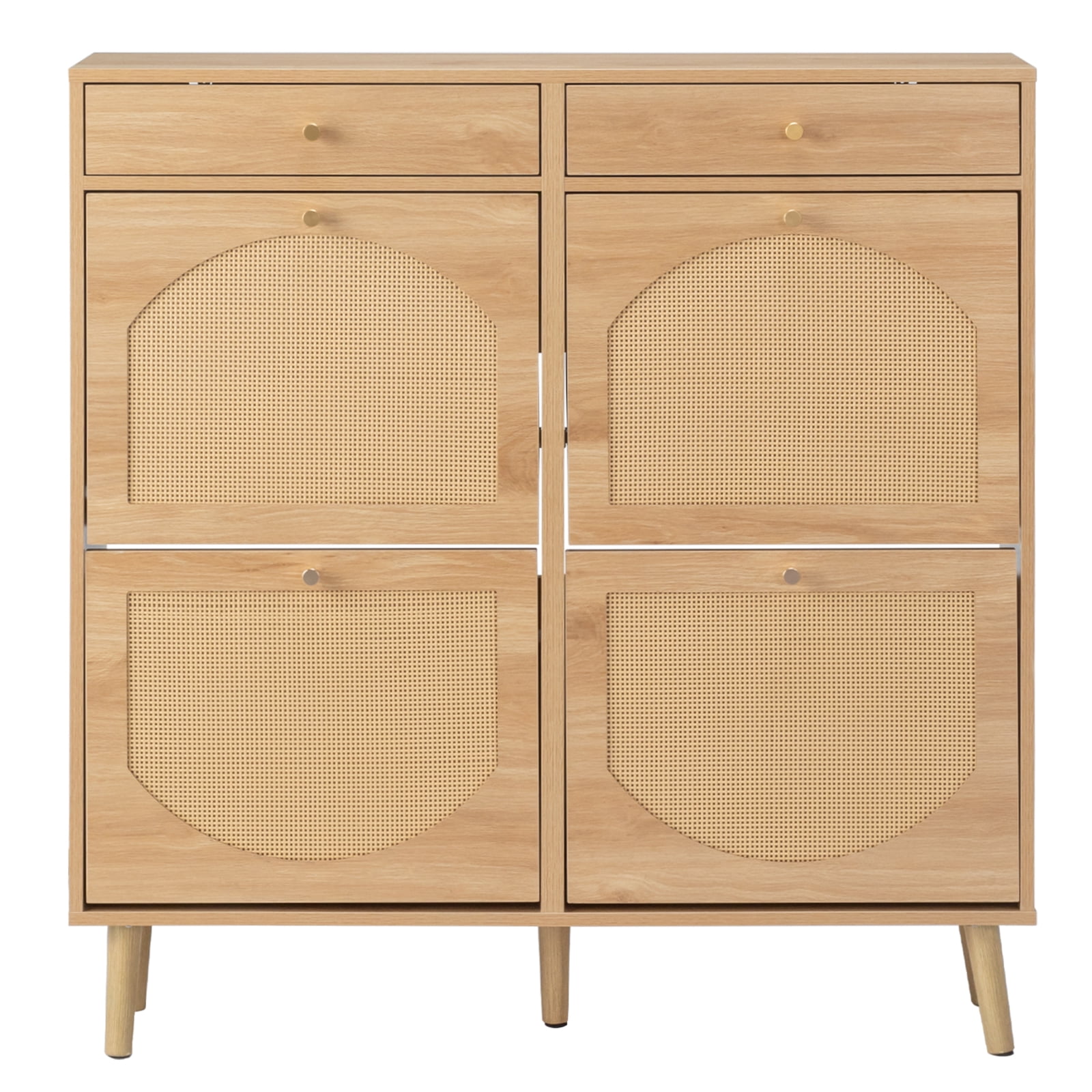 Rattan-Front Shoe Cabinet With 2 Drawers And 4 Flip-Down Compartments, Made Of Particleboard, 105*24*110cm, Natural Wood