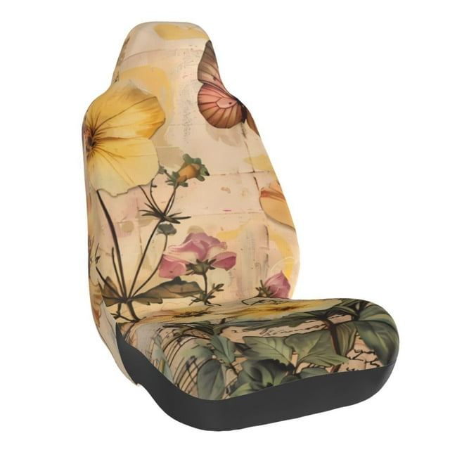Wukai Vintage Floral Butterfly Collage Full Set Car Seat Covers with Soft Padding Universal Auto Front Seats Protector and Cushion Mat