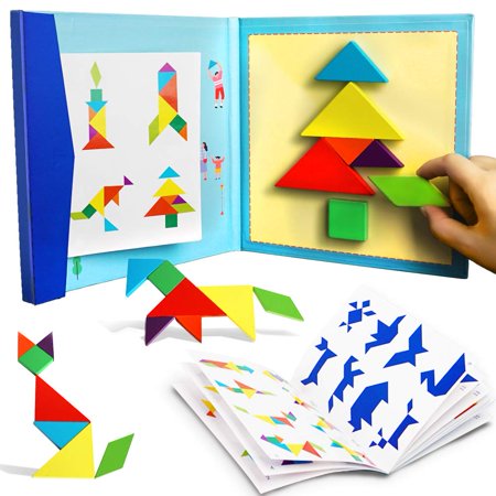 BEESTECH Wooden Tangram Puzzle Book, Travel Games for Kids in Car, Plane or Take Out for Restaurant, Educational Learning Puzzles Toys, On The Go Toys for Kids, Boys, Girls 3,4,5,6,7,8 Years