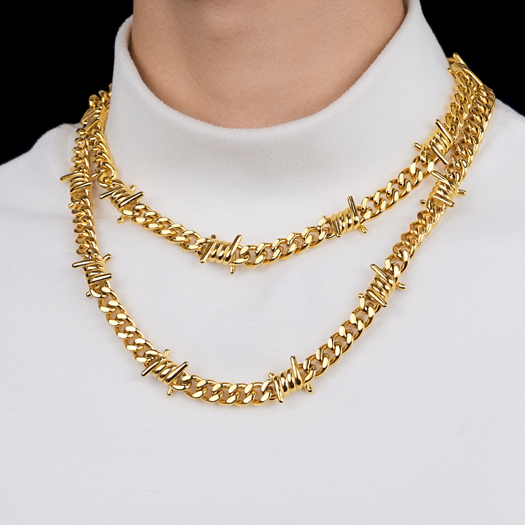 ChainsHouse Gold Plated Barbed Wire Necklaces for Men Women Punk Thorns Chain Necklace 9mm Width Chunky Chains Jewelry Gift, 16 inch