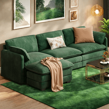 Lofka L Shaped Cloud Sectional Couch Sofa, Movable Ottoman, Double Layer Cushions– Modular, Plush, Durable Modern Sofa for Large Spaces & Apartments, 110” Green