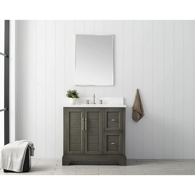 Vanity Art 36 Inch Single Sink Bathroom Vanity with Ceramic Sink and Engineered Marble Top, Without Mirror