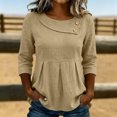 thumbnail image 3 of TGSLY Women's Crew Neck Linen Tops Dressy Decorative Buttons 3/4 Sleeve Shirts Casual Pleated Waist Peplum Hem Solid Color Blouses S, 3 of 8