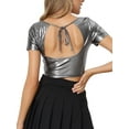 thumbnail image 3 of INSPIRE CHIC Metallic Crop Top for Women's Square Neck Short Sleeve Shiny Tops L Dark Silver, 3 of 6
