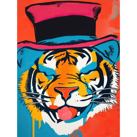 Tiger Head Wearing Pink Top Hat Modern Pop Art Large Wall Art Poster Print Thick Paper 18X24 Inch