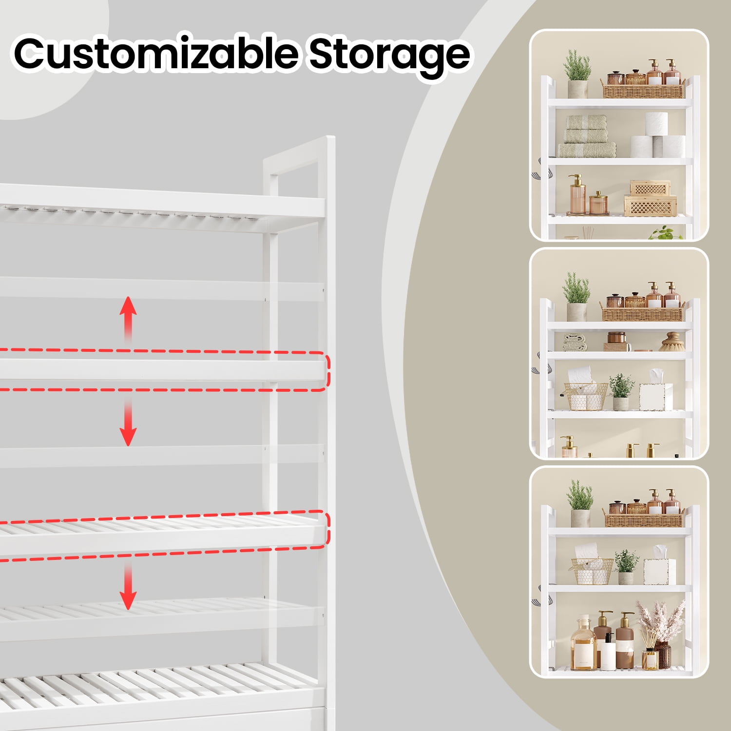 LEDREM 4-Tier over the Toilet Bathroom Storage Organizer with Adjustable Shelves, Hooks, and Toilet Paper Holder, Space-Saving Rack, Cloud White