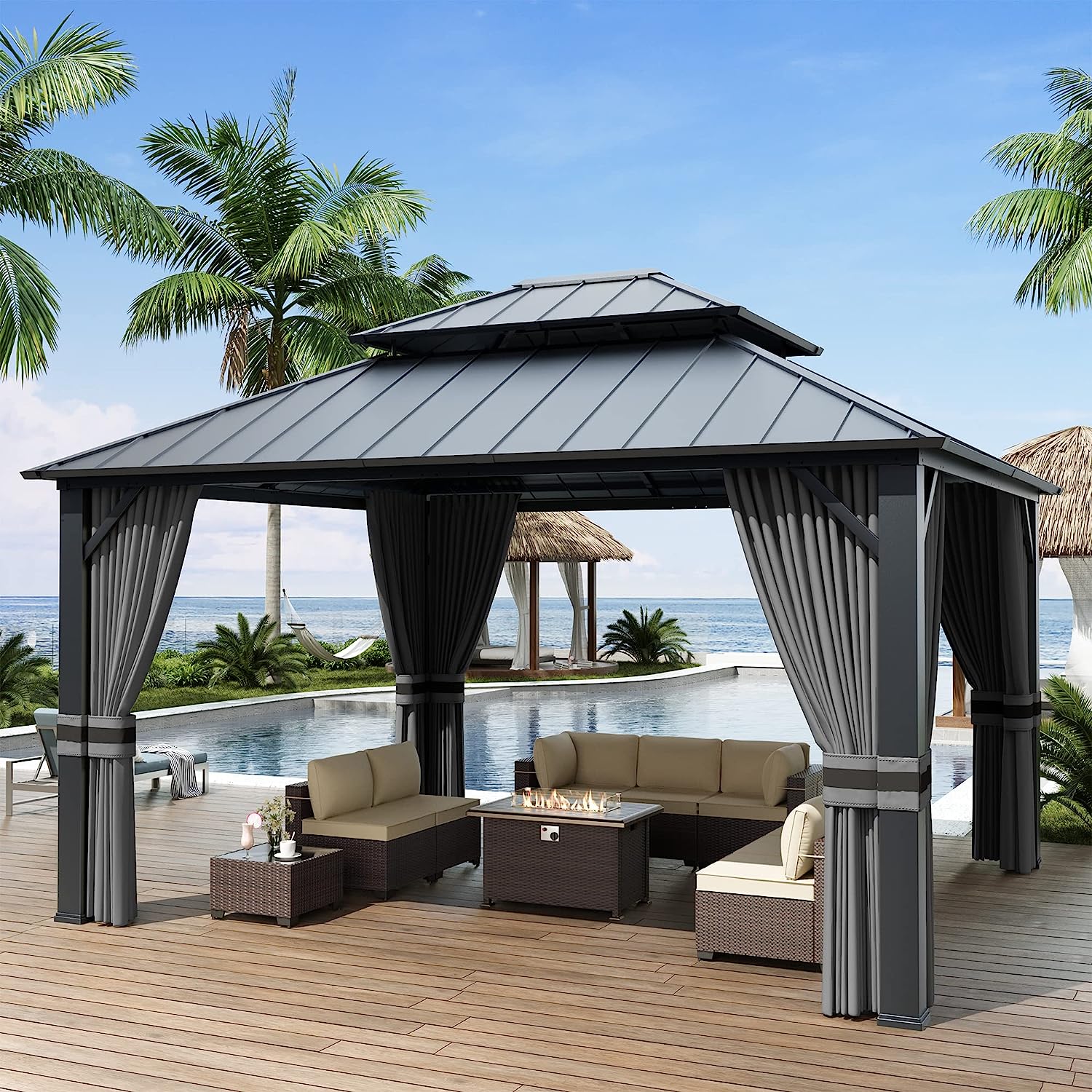 Kullavik 12X14FT Hardtop Gazebo Double Roof, Pergolas Aluminum Frame