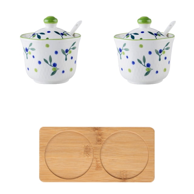 Hand Drawn Pattern Sugar Bowl With Lid, Ceramic Teacup Shape Sugar Pot, Coffee Accessories, Sugar Pourer, Kitchen Storage-Green Blue Plum-2 Set
