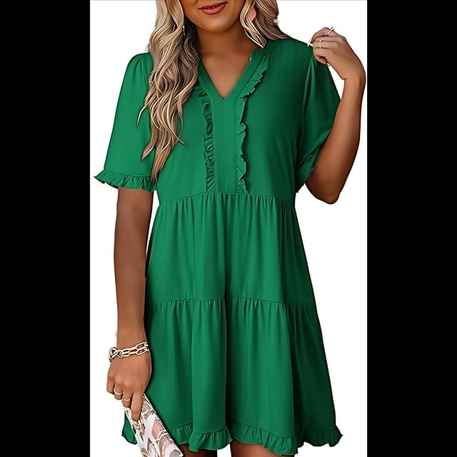 Vestido Informal de Mujer con Escote en V, Corta, Corte A y Volantes, Color Verde, Talla L