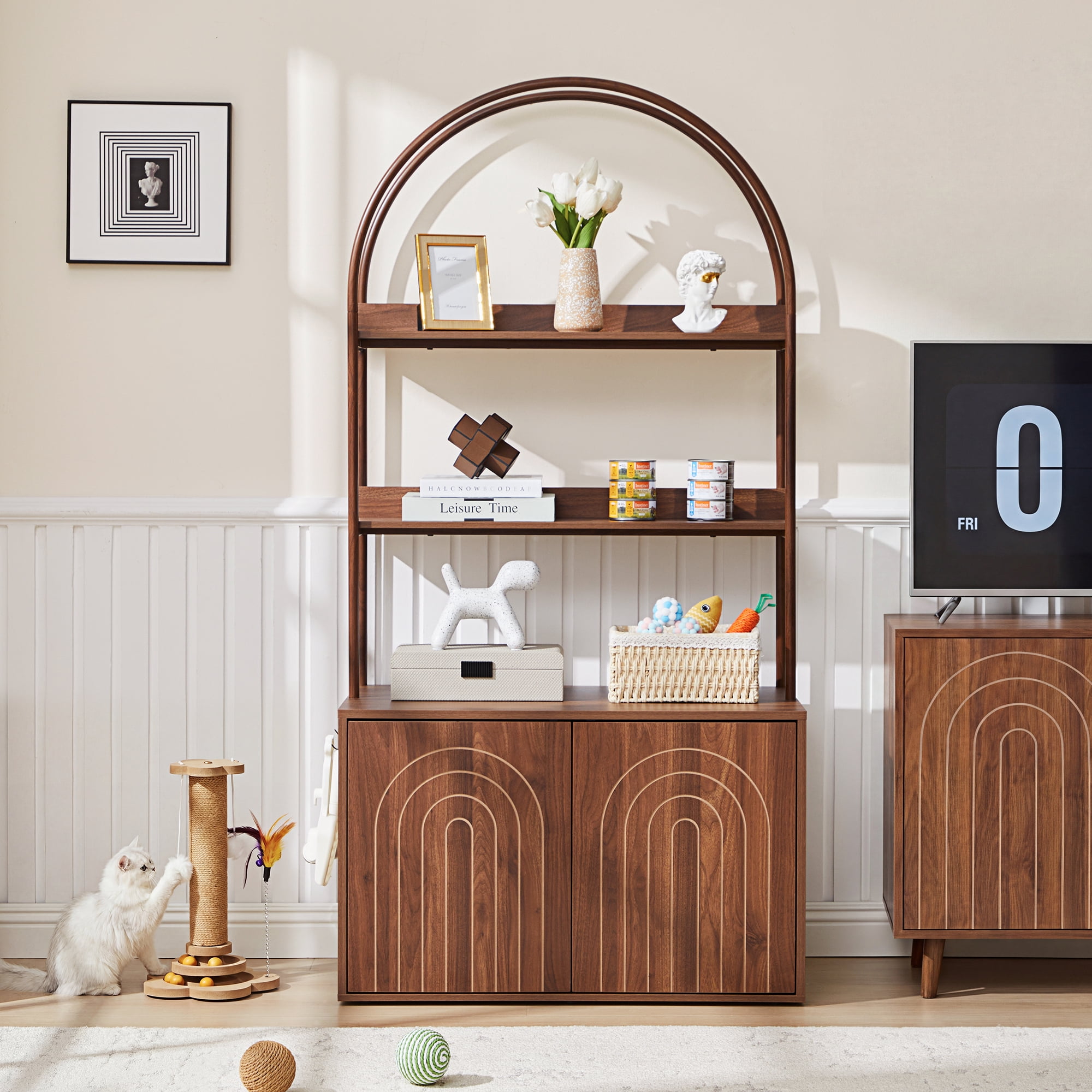 Wirrytor Walnut Cat Litter Box Enclosure With 2-Tier Display Shelves, Hidden Litter Box Furniture With Cat Perch, Modern Arched Pet Cabinet For Home Decor