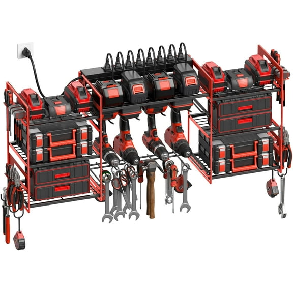 Black Power Tool Organizer Wall Mount Large Tools and Battery Storage Rack Charging Station Individual Switches. Drills Holder Garage Utility Shelves with 6FT Power Strip. Gift for Men.