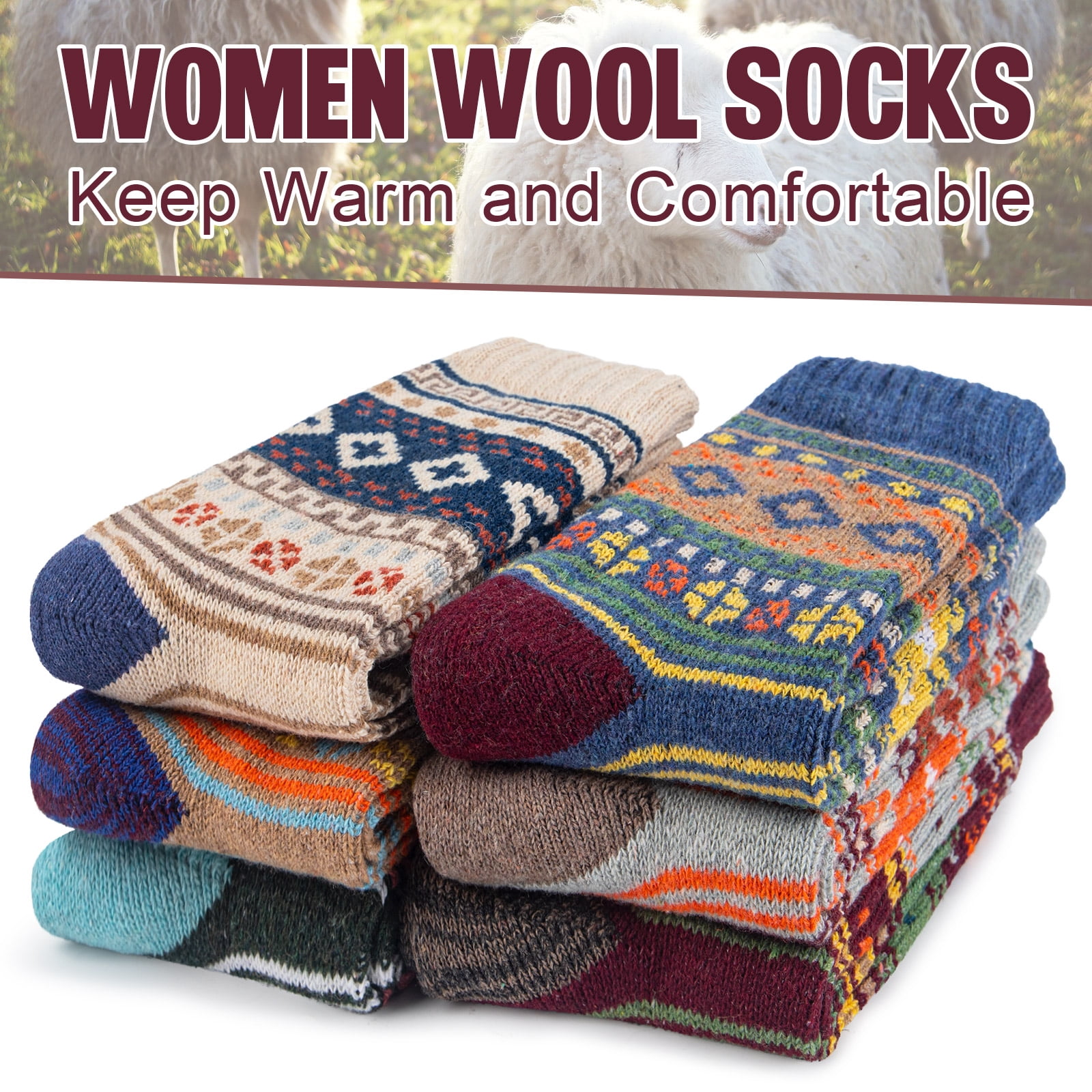 6 Pairs Pack Womens Wool Socks Thermal Hiking Winter Boot Warm Thick Cozy Crew Comfy Socks Size 5-9