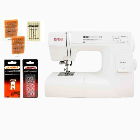 Janome HD3000 Heavy Duty Sewing Machine w/ Hard Case + Ultra Glide Foot + Blind Hem Foot + Overedge Foot + Rolled Hem Foot + Zipper Foot + Buttonhole Foot + Leather and Universal Needles + (Best Leather Sewing Machine Reviews)