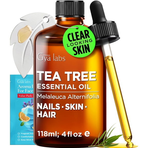 Gya Labs Tea Tree Essential Oil with Aromatherapy Stone - Pure Australian Herbaceous Scent for Skincare, Nails, Hair & DIY - 4 fl oz