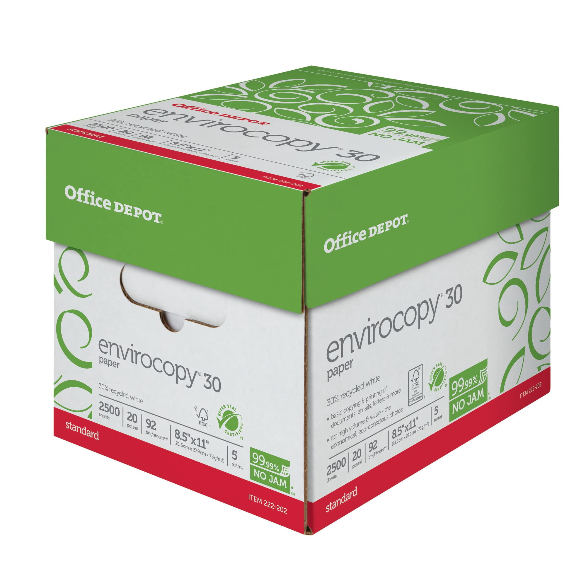Office Depot EnviroCopy 30 Paper, 8 1/2in x 11in, 20 Lb, 30% Recycled, FSC Certified, 500 Sheets Per Ream, 5 Reams, 40430