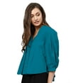 thumbnail image 2 of eloria Women's Top V Neck Full Sleeve Pleated Button Down Cotton T-Shirt, Color: Teal Blue 2 | Size: 2XL, 2 of 6
