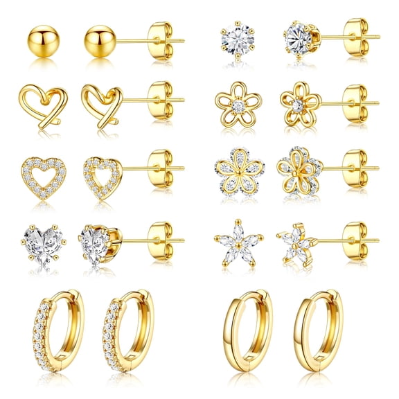 Small Gold Stud Earrings Set for Women - 14K Gold Plated CZ Huggie Hoops Hypoallergenic Earrings Dainty Flower Heart Stud Earrings for Jewelry Gift