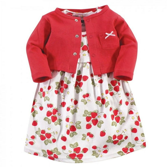 Hudson Baby Infant and Toddler Girl Cotton Dress and Cardigan 2pc Set, Strawberries, 0-3 Months