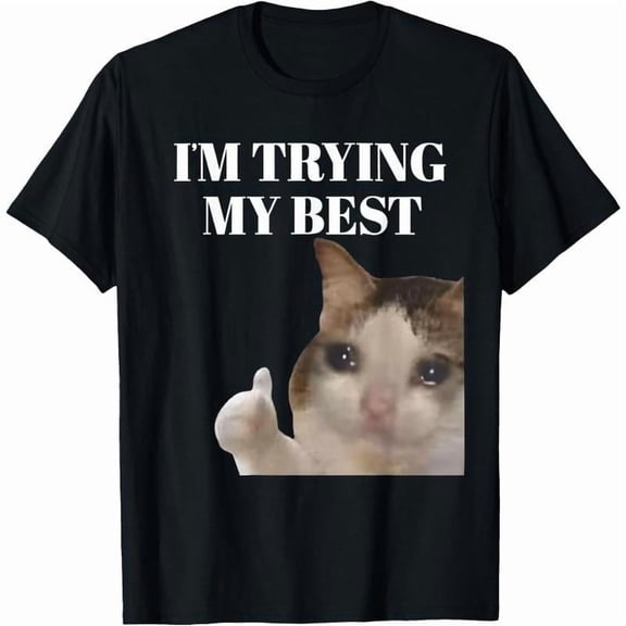 Mens Wholesome "I'M TRYING MY BEST" Text With Thumbs - Up Cat Meme Graphic Tees Print T - shirts Short Sleeve Casual Tops Shirts