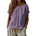 thumbnail image 3 of Oversized Tshirts for Women Linen Cotton Blend Button Down Shirt Casual Short Sleeve Neck Blouse Loose Fit Purple Summer Tops for Women, 3 of 9