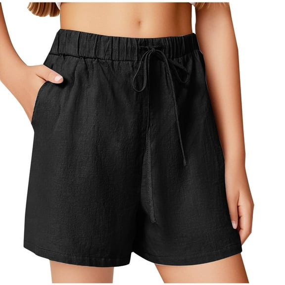 Girl's Summer Solid Color Shorts Cotton Linen Shorts with Pockets Kids Elastic Waist Shorts Casual Sports Wear Girl Athletic Shorts