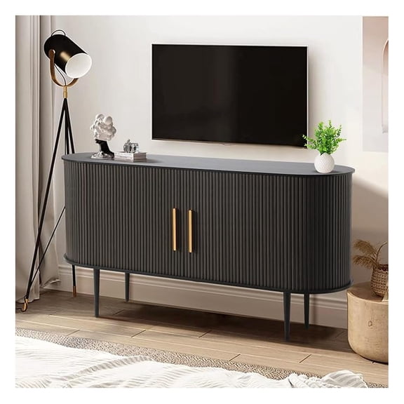 55" Fluted Buffet Cabinet with Storage, Tambour Sideboard Cabinet with Slide Doors, Modern Credenza for Dining Room, Sideboard Storage with Shelves (Black)