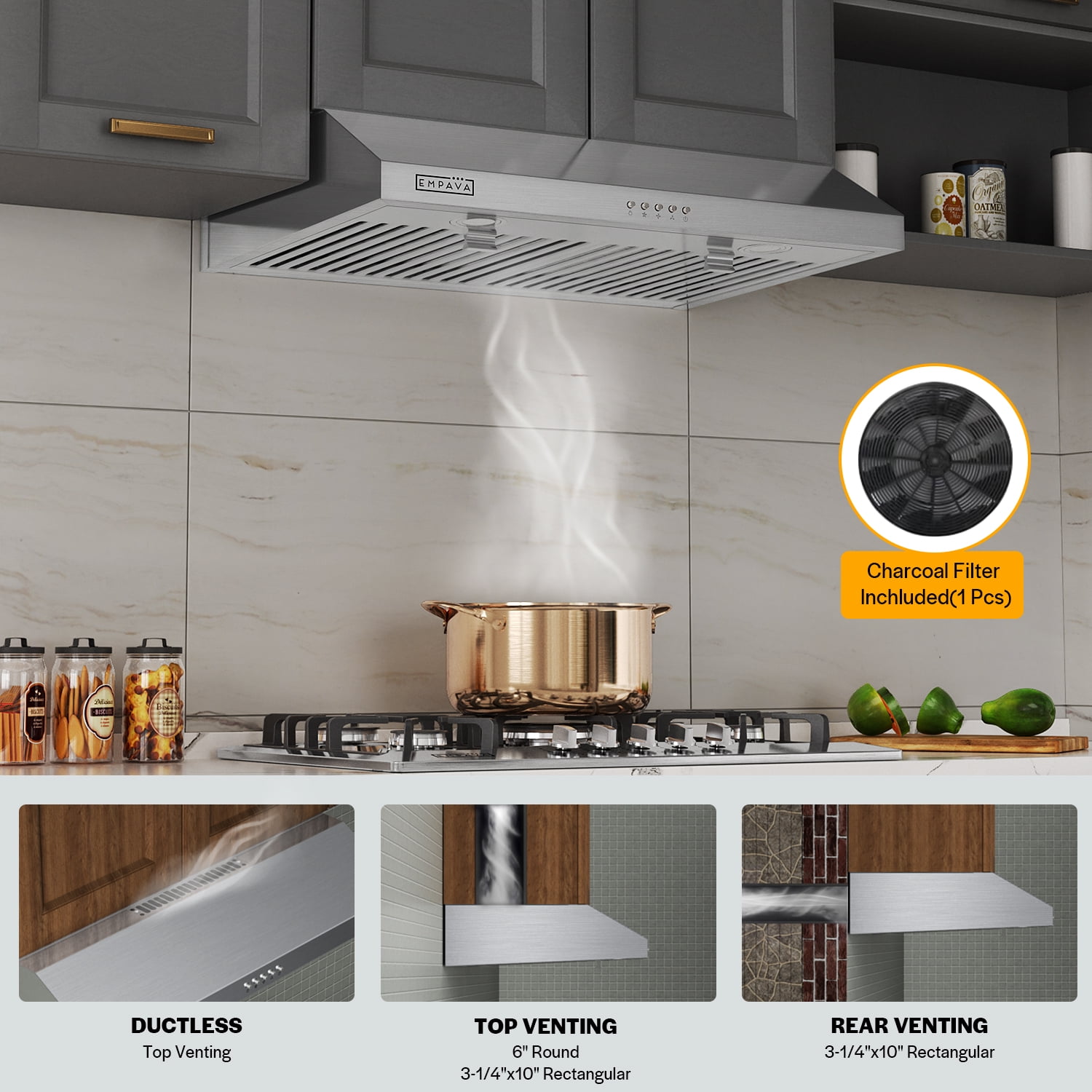 Ultrathin Series 30 in. 300 CFM Ductless Under Cabinet Range Hood for Compact Kitchen with Push Button Controls - Carbon filter – 3 Speeds Fans in Stainless Steel